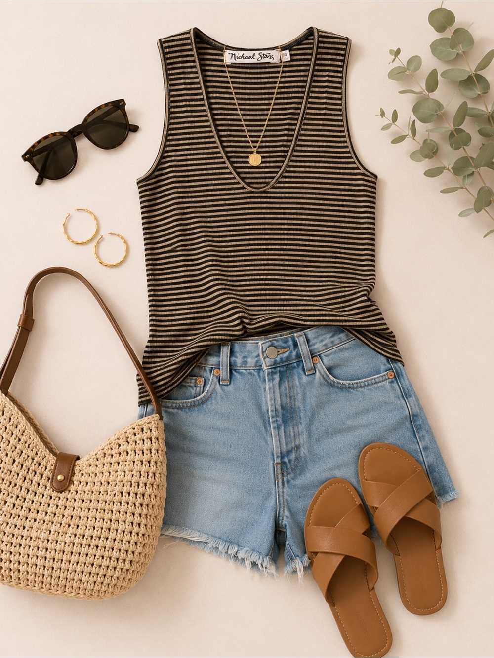 Michael Stars Amalfi Ribbed Striped Tank Top Black Tan